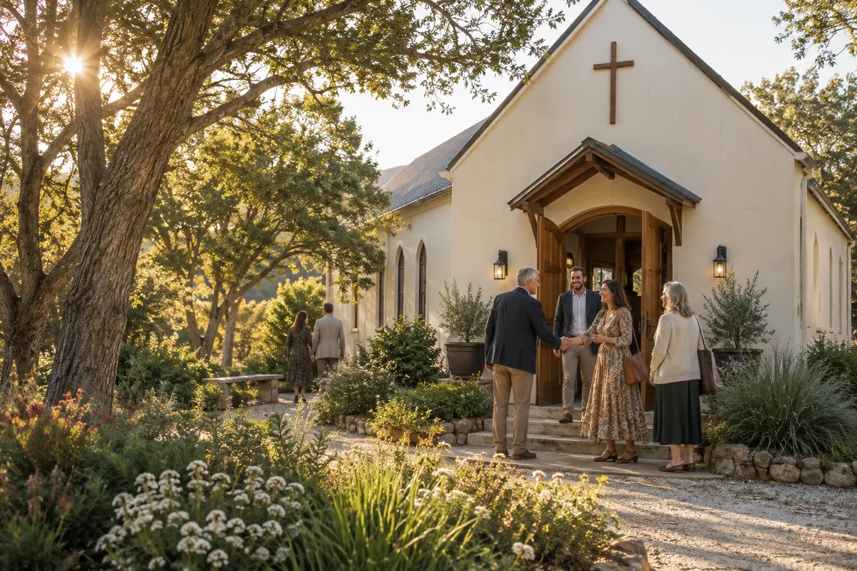 AI-generated fictional cream-colored church with people greeting visitors