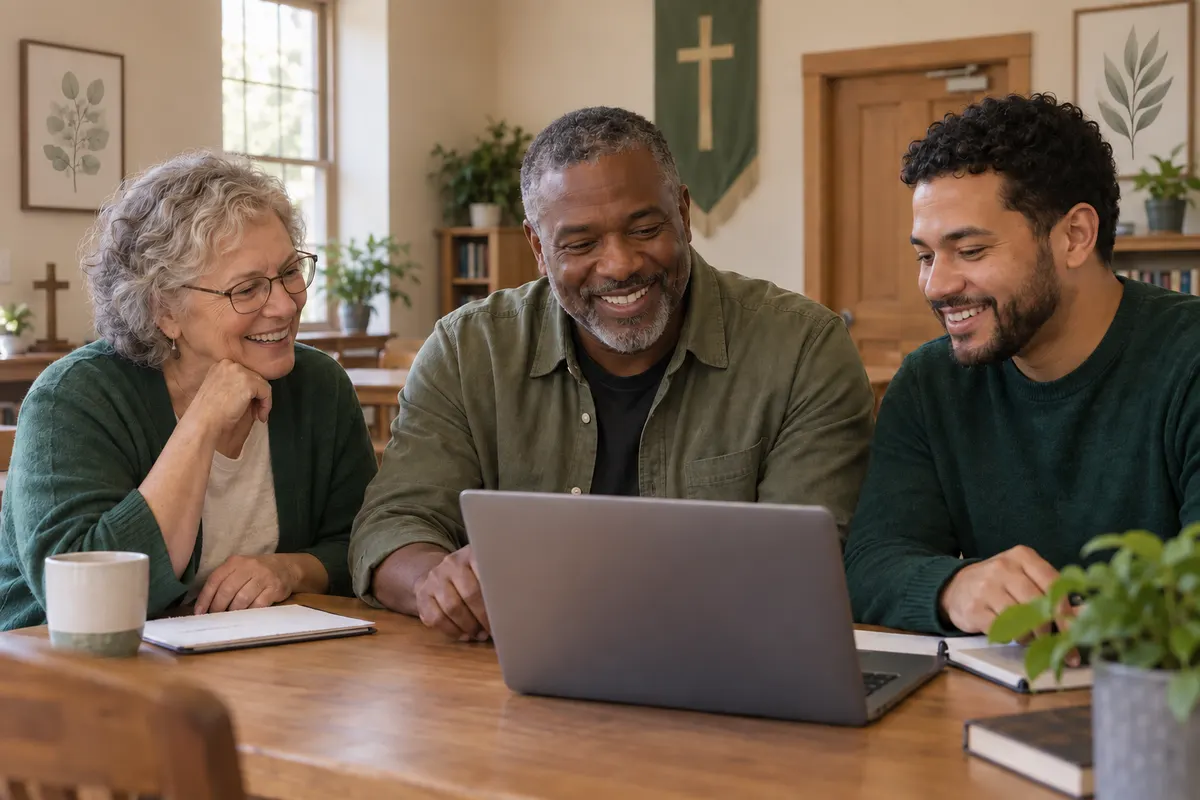 AI-generated fictional church volunteers working together at a laptop
